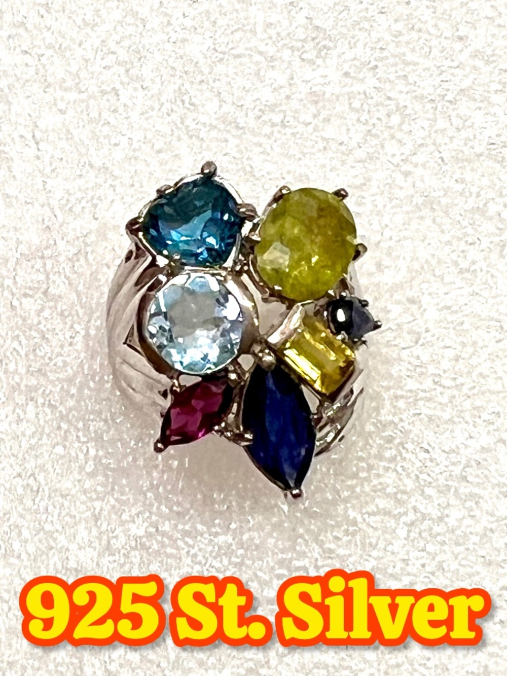 NWT NATURAL TOPAZ + AQUAMARINE + TANZANITE 925 STERLING SILVER COCKTAIL RING